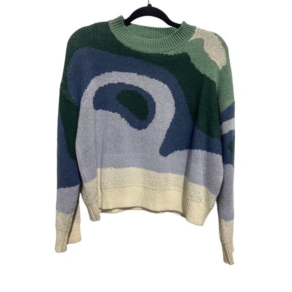 Shein Womens Abstract Pattern Sweater Size S US 4 Green Blue Beige - Picture 1 of 5
